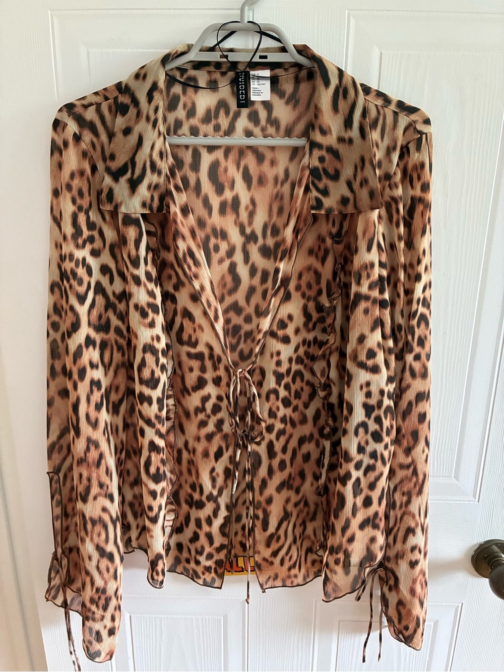 H&M Leopard Print Sheer Tie-Front Blouse - Brown